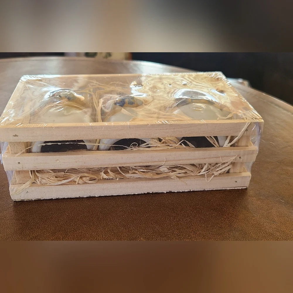 New in box Ceramic snowman bell ornaments in a wooden crate Pier 1